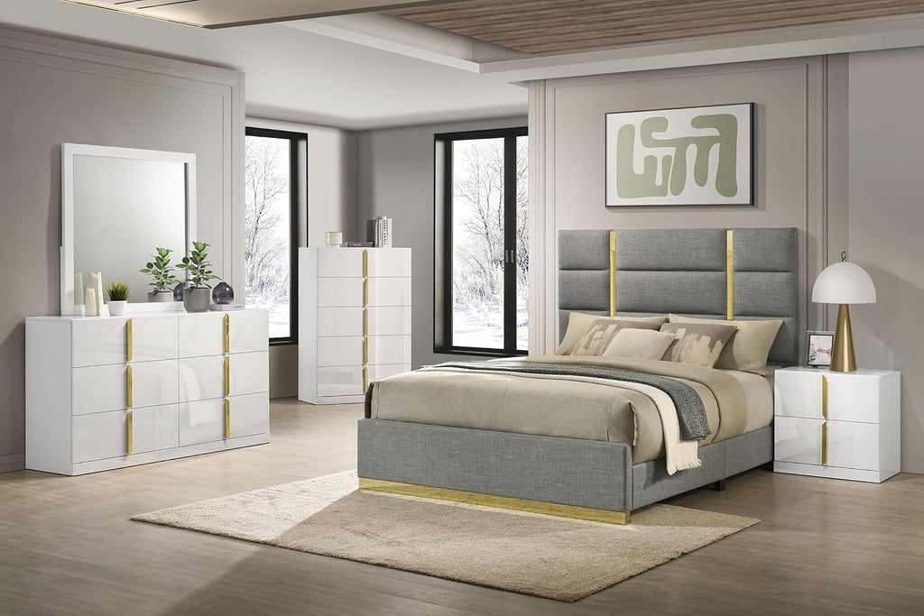 Coaster Home Furnishings - INES - Wood - 5-Piece Bedroom Set with Upholstered Bed and Flat Drawer Fronts - Bedroom - Queen Size - White High Gloss and Grey - 223091GRYQ-S5