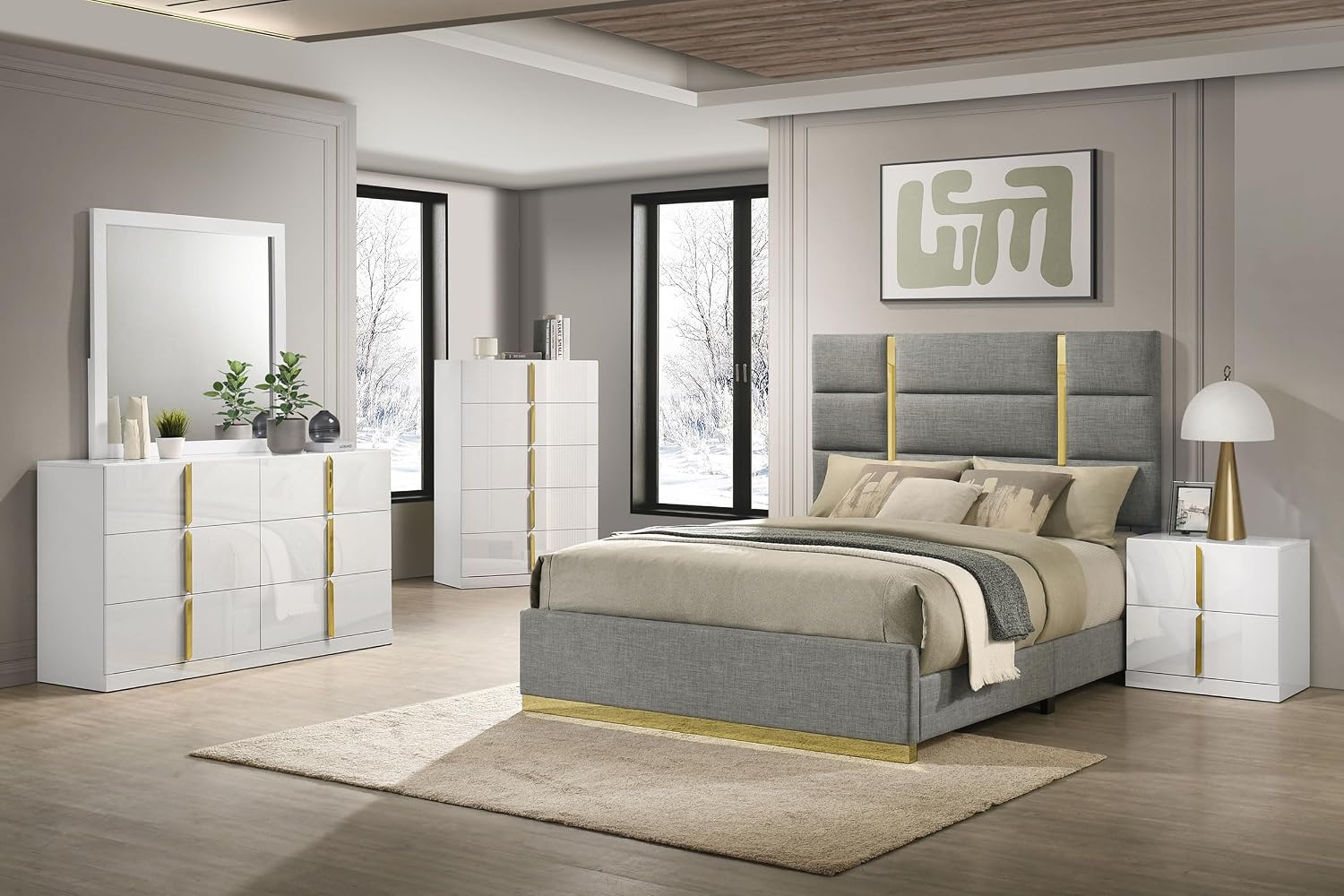 Coaster Home Furnishings - INES - Wood - 5-Piece Bedroom Set with Upholstered Bed and Flat Drawer Fronts - Bedroom - Queen Size - White High Gloss and Grey - 223091GRYQ-S5