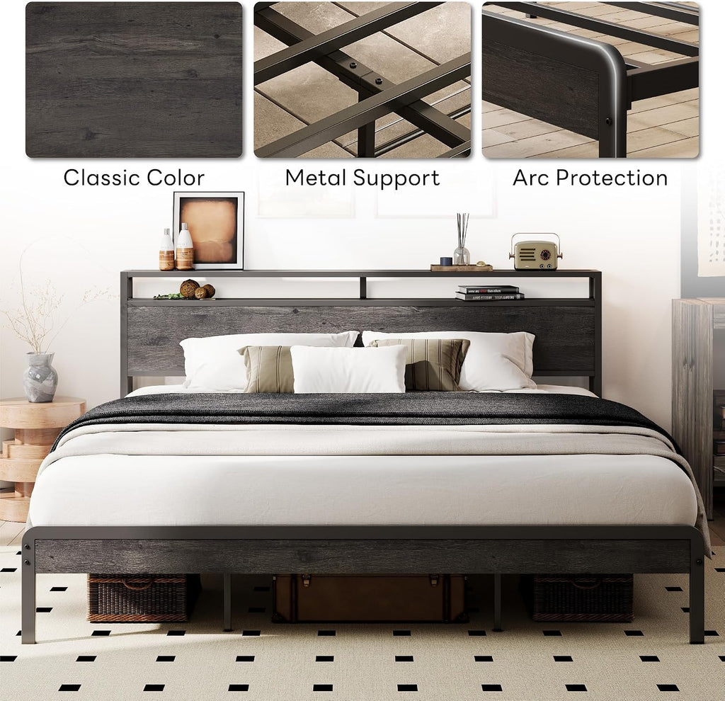 LIKIMIO California King Bed Frame with Headboard, Dark Wood Camas California King with Strong Supports, Sturdy, Noise-Free, No Box Spring Needed, Grey