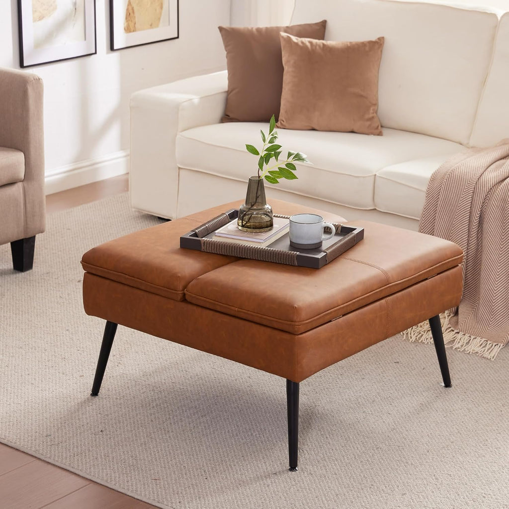Square Ottoman with Storage, Large Oversized Ottoman Coffee Table, Double Flipping Lid & Mid-Century Modern & Faux Leather Style, Loads 660 lb, for Living Room, Bedroom, Entryway, Cognac Brown