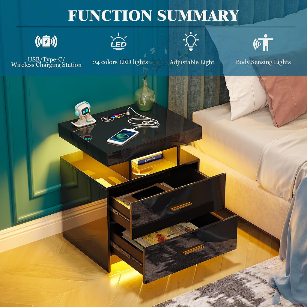 WOOVIVS Night Stand Set 2 with USB/Type-C/Wireless Charging Station, Blakc Nightstands with RGB Auto LED Lights, Modern Bedside Table Set of 2 with 2 Drawers for Bedroom Furniture
