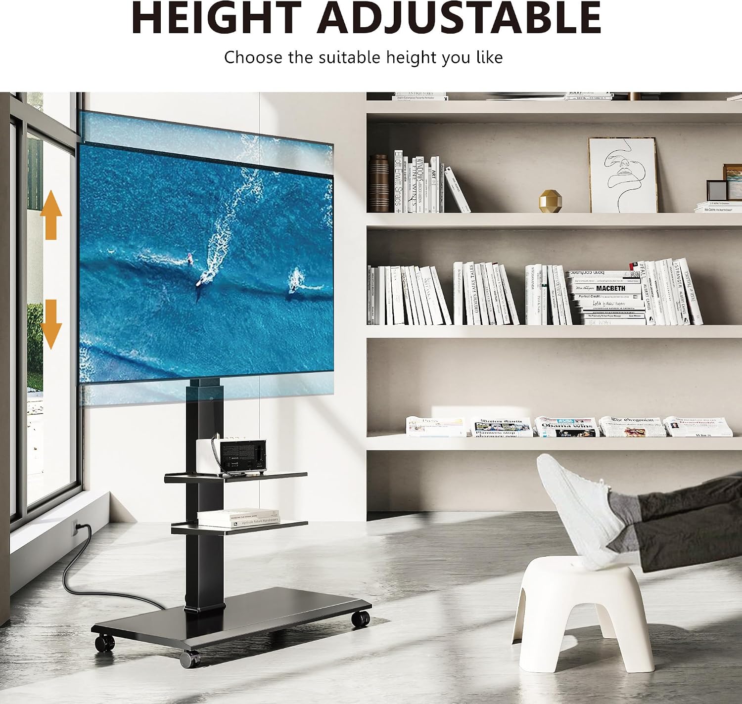FITUEYES Rolling TV Stand for 32-75 Inch TVs, Portable Mobile TV Stand on Wheels with Power Outlet, Height Adjustable Rotating Floor TV Stands with Swivel Mount and Metal Base Hold Up to 88 Lbs, Black