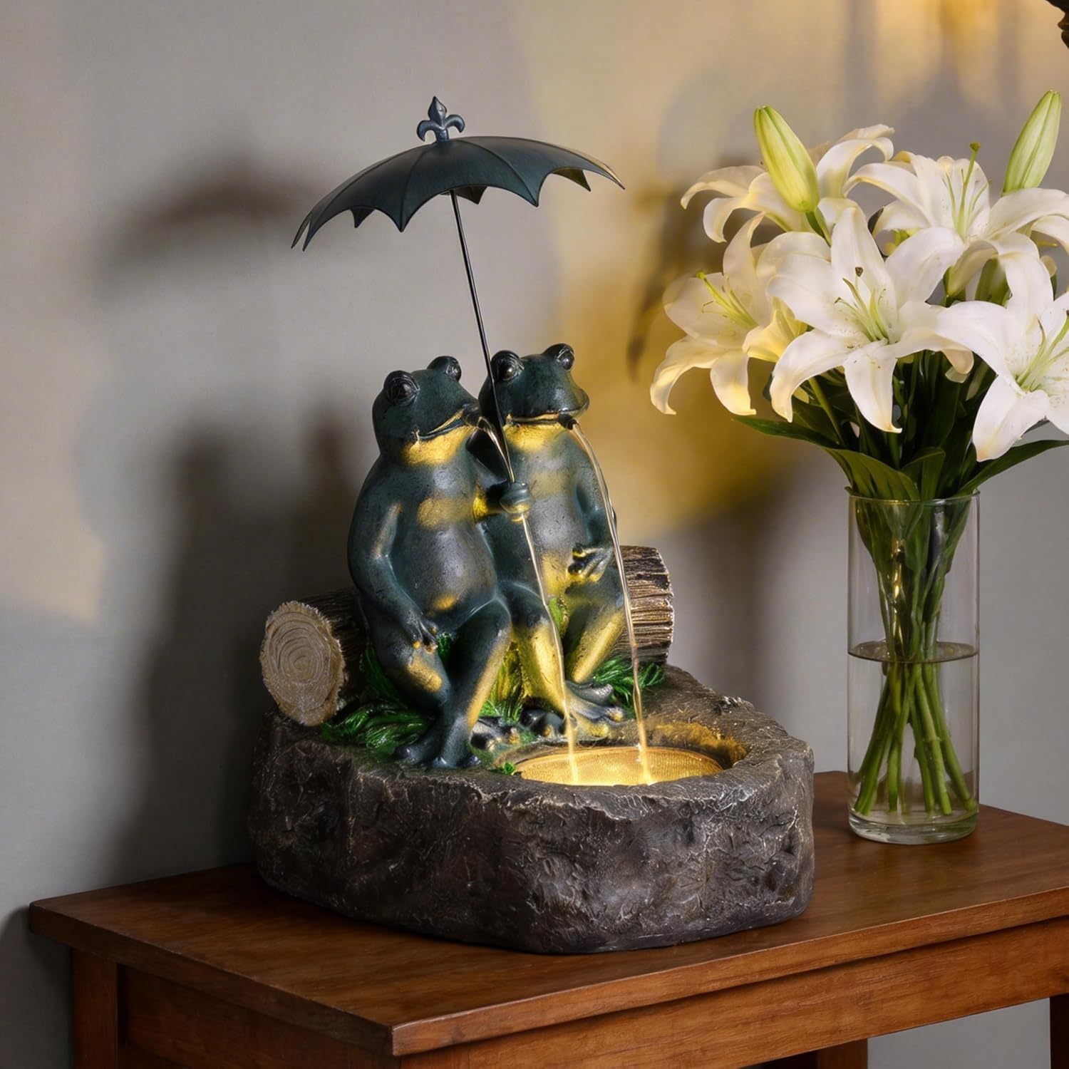 21' Frog Outdoor Water Fountain with LED Lights, Whimsical Resin Tabletop Waterfall Fountain Under Umbrella, Soothing Zen Garden Decor for Patio, Yard, Porch & Deck, Faux Bronze