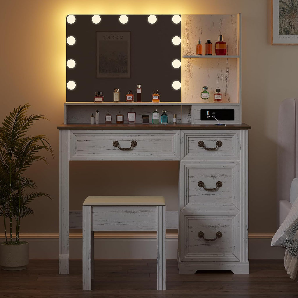 Lareth Farmhouse Vanity Desk with Lighted Mirror & Power Outlet, 39 inch Rustic Makeup Vanity Table with Drawers and Stool, Hollywood Mirror with Lights, White Dressing Table for Women Girls Gifts