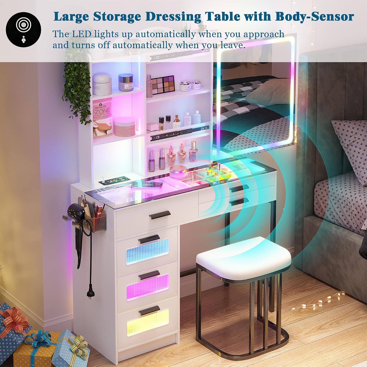WOOVIVS Glass Top Vanity with LED Mirror, 6 Drawer Dresser with Charging Station for Bedroom, Small Makeup Vanitys Table with RGB Light, Vanity Set with Chair,Jewelry Organizer for Girls-White