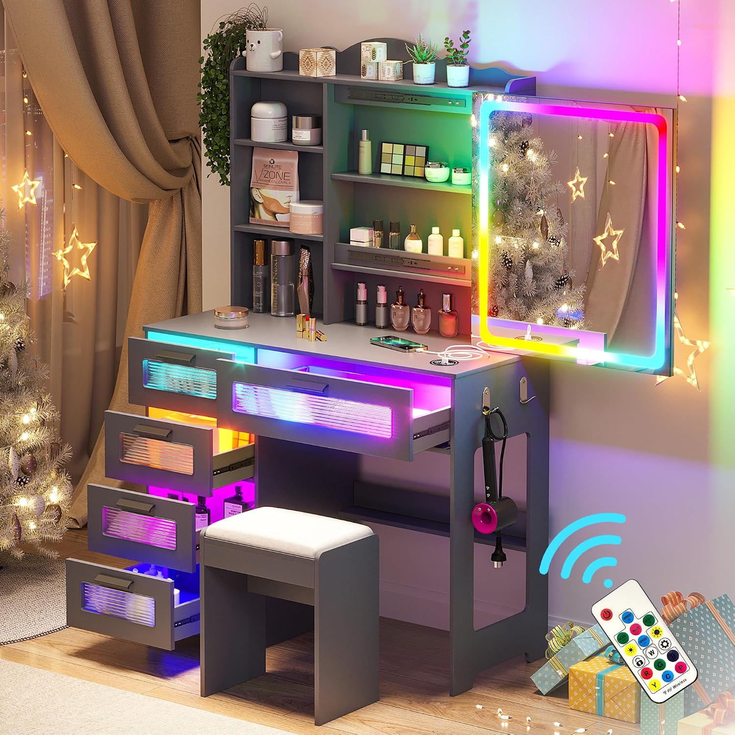 WOOVIVS Vanity with LED Mirror, 6 Drawer Dresser with Charging Station for Bedroom, Small Makeup Vanitys Table with RGB Light, Vanity Set with Chair,Jewelry Organizer for Girls-Grey