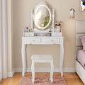 Whalefall Vanity Desk with LED Lighted Mirror & 4 Drawers, Makeup Vanity Table with Cushion Stool, 3 Color Modes & Adjustable Brightness Dressing Table, for Bedroom, White