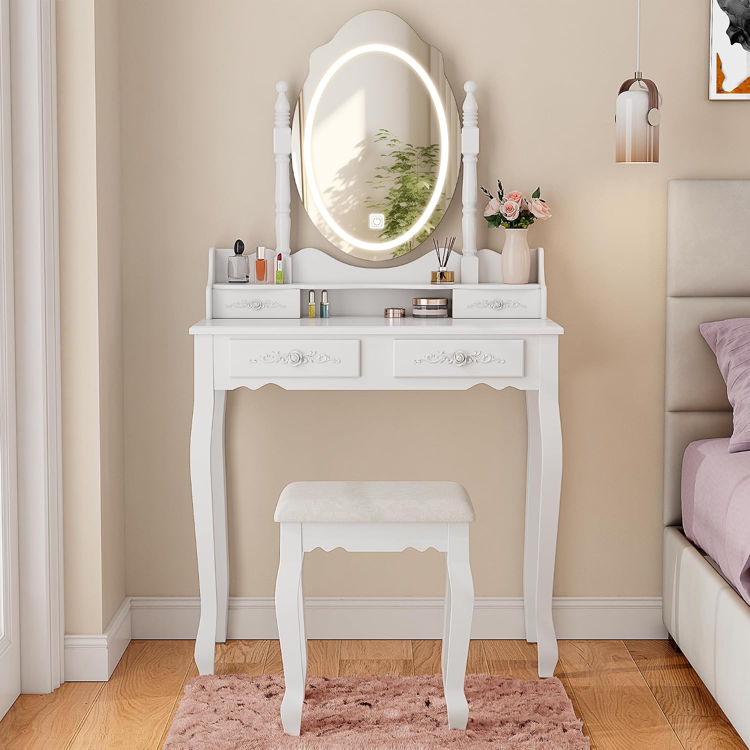 Whalefall Vanity Desk with LED Lighted Mirror & 4 Drawers, Makeup Vanity Table with Cushion Stool, 3 Color Modes & Adjustable Brightness Dressing Table, for Bedroom, White