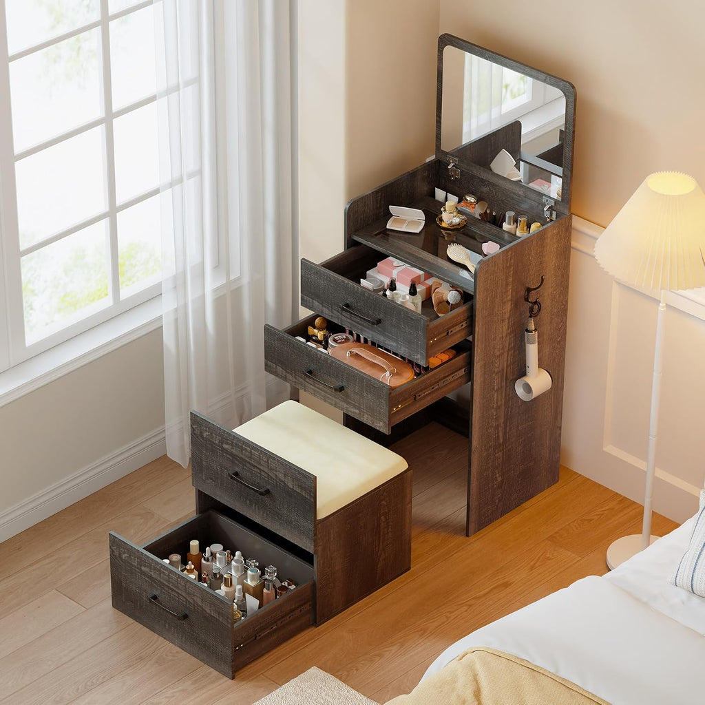 Lvifur Small 3-in-1 Vanity Desk with Mirror, Compact Makeup Table w/Cushioned Stool, Modern Grils' Dressing Table Vanity Set for Bedroom (Dark Rustic Oak)