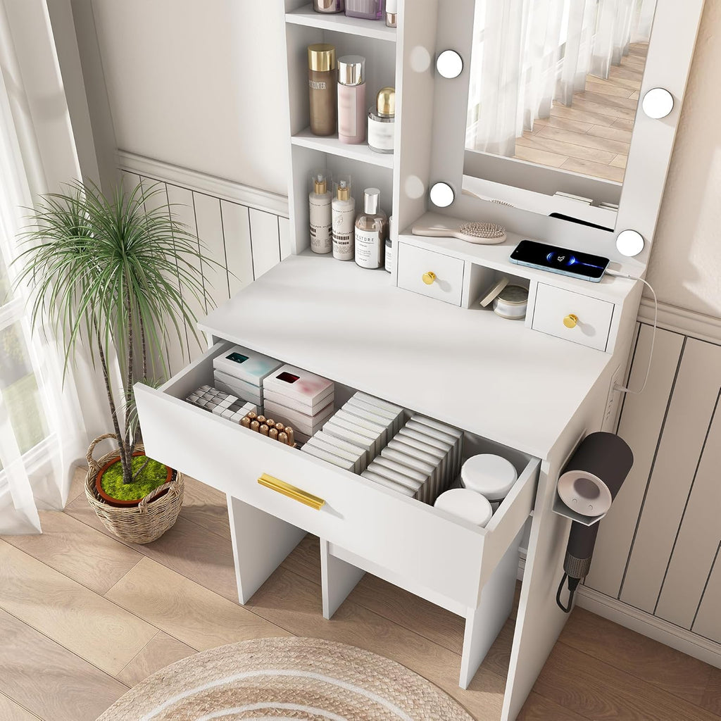 Runboll Small Vanity Desk with Mirror and Lights, Compact Makeup Vanity with Power Strip & Hairdryer Holder, Dressing Table Set with Stool, Drawers & Shelves
