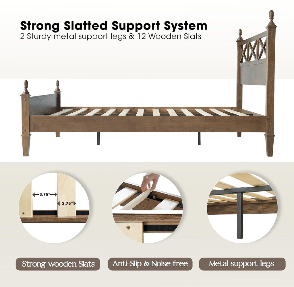 Queen Size Platform Bed Frame, Solid Wood with Headboard & Footboard, Center Metal Legs, 12 Strong Slatted Base, Anti-Noise & Slip-Free, Easy Assembly, No Box Spring Needed, Barnwood Finish RIQ-30