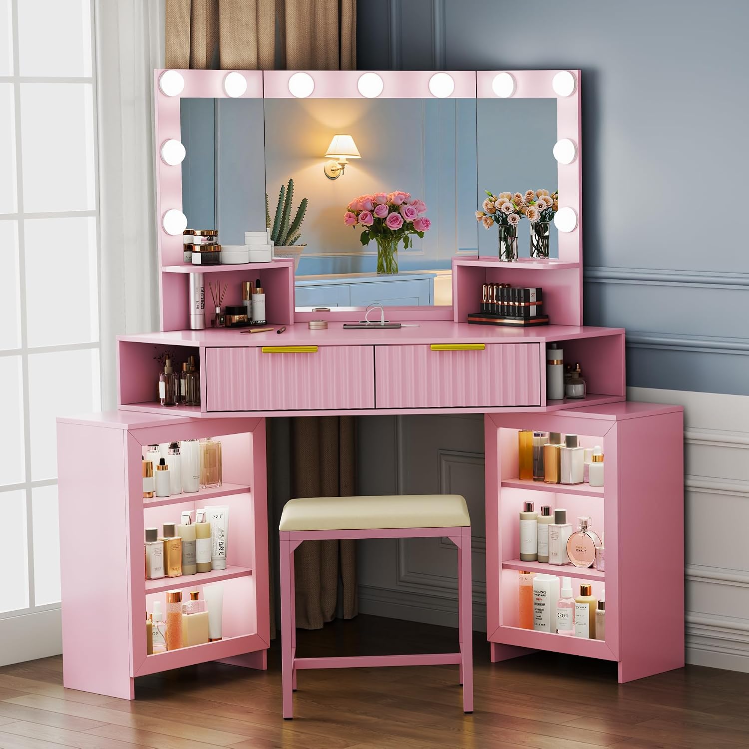 Vanity Desk with LED Lights Mirror & Power Outlet – Corner Design, Makeup Vanity Table Set with Storage Drawers & Chair, 3 Lighting Modes for Living Room/Bedroom, Ideal for Gift (Pink)