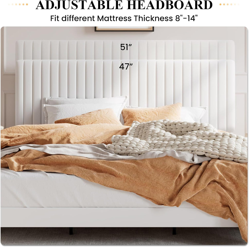 SHA CERLIN King Upholstered Platform Bed Frame with Vertical Channel Tufted Velvet Fabric Adjustable Headboard, Wooden Slats Support, Mattress Foundation, Box Spring Optional, White