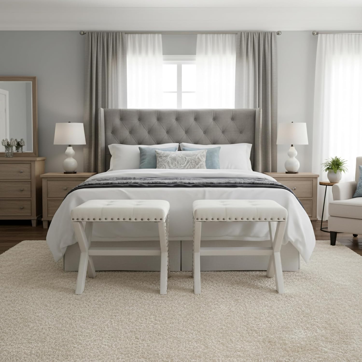 AC Pacific Modern Chic Vanity Stool Upholstered Chair with Soft Linen Fabric, Nailhead Trim, Tufted Seat and Solid Wood Frame, 17' D x 19' W x 20' H Set of 2, Beige