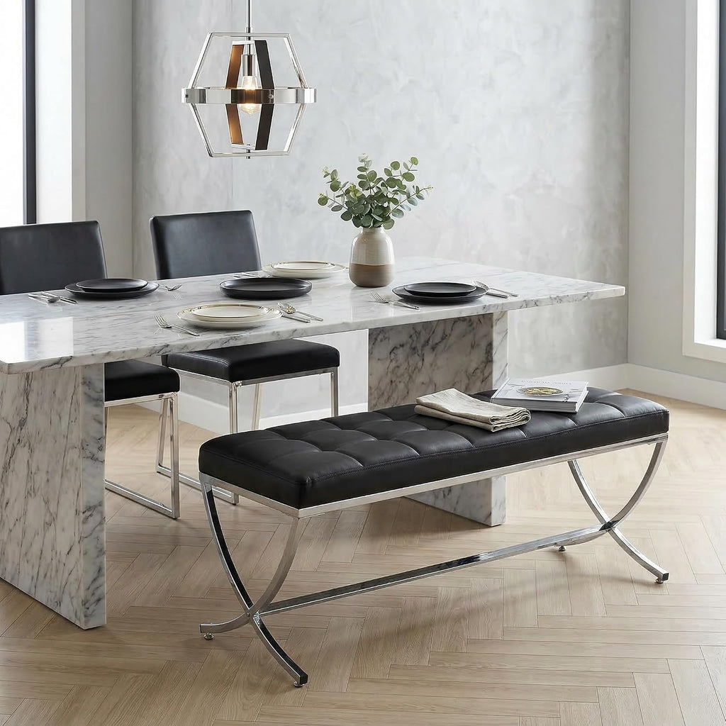 LukeAlon Modern PU Leather Dining Bench, Button Tufted Ottoman Bench with X-Shape Chrome Finish Upholstered End of Bed Bench Comfy Entryway Bench for Bedroom Kitchen, Black