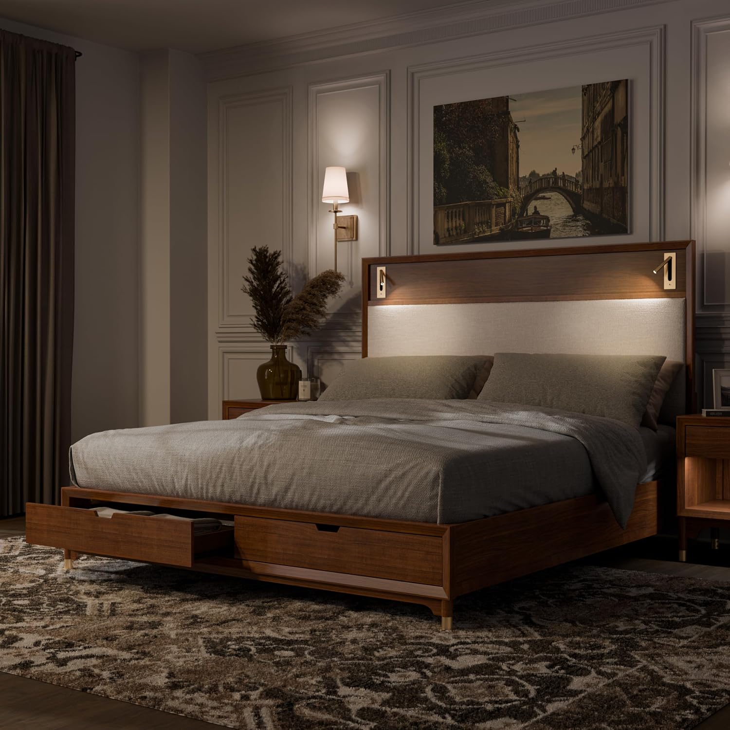 Furniture of America Forma Mid-Century Modern Solid Wood 2-Piece Bedroom Collection, Storage Bed Frame with LED Reading Light and Nightstand with Power Ports, No Box Spring Needed, Walnut, Queen