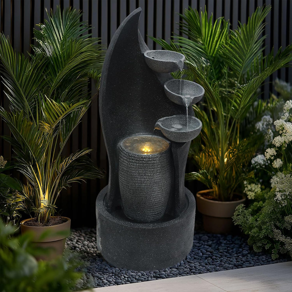 G-LEAF Cascading Bowl Water Fountain with LED Lights Outdoor 35'' H Waterfall Fountain 3-Tier Indoor Floor Standing for Garden, Living Room, Patio, Home Decor