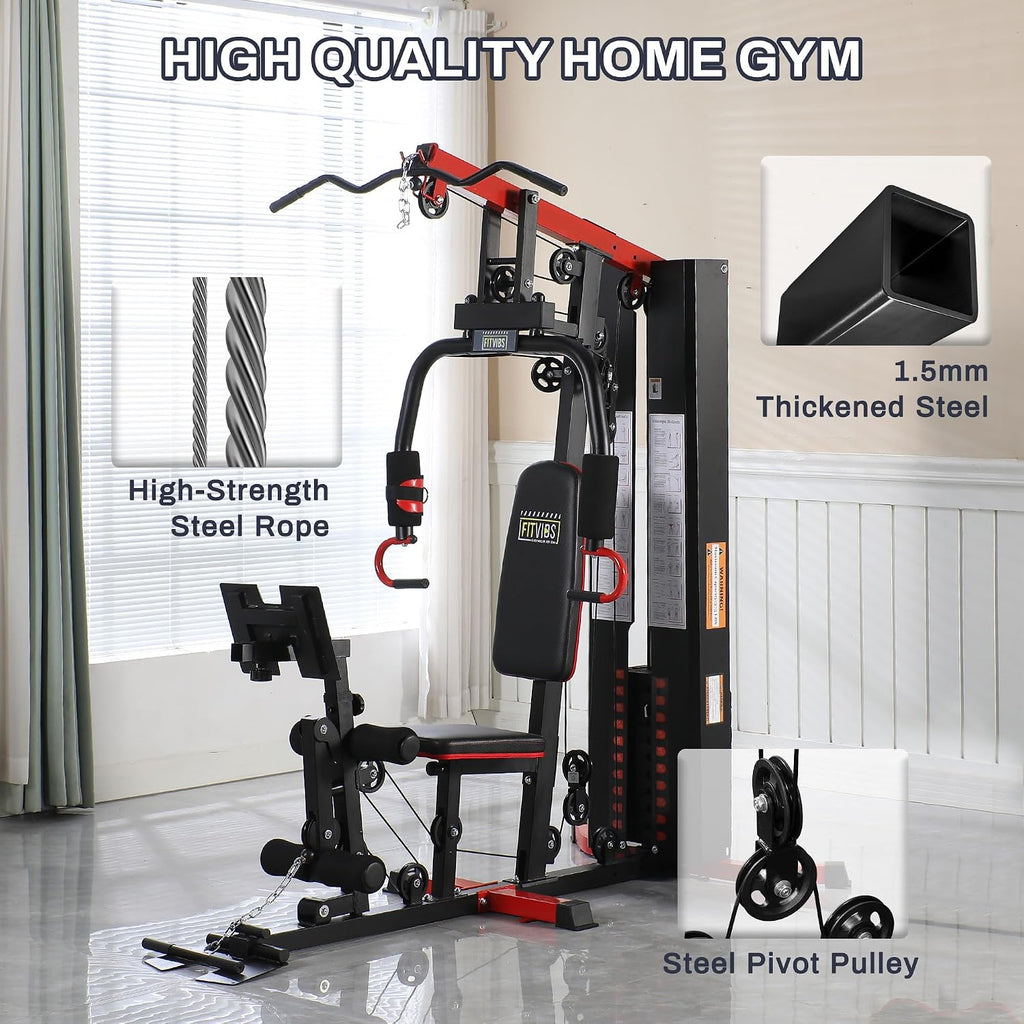 Fitvids Multifunctional Home Gym Equipment with 122.5 lbs Weight Stack, Full Body Workout Weight Machine, All-in-One Strength Training Exercise Equipment with Pulley System & Leg Press