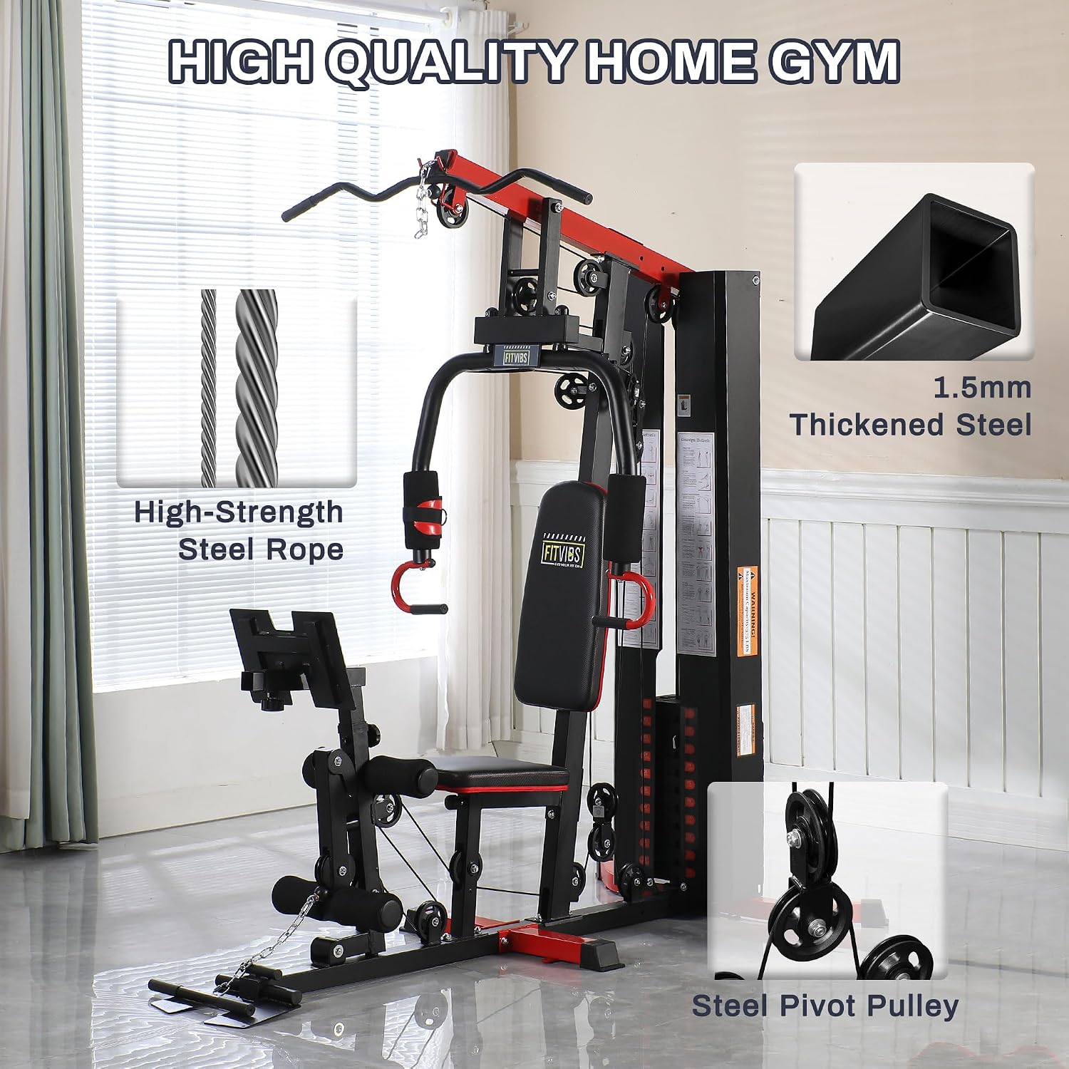Fitvids Home Gym Equipment, Multifunctional Full Body Workout Weight Machine Station with Weight Stack, All in One Exercise Equipment with Pulley System & Seated Rowing for Home Gym Strength Training