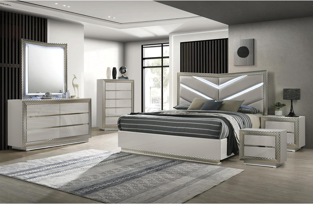 Furniture of America Racken Glam Solid Wood 6-Piece Bedroom Set with LED on Chevron Headboard, Plinth Base, Silver Molding, Metal Side Glide, Felt-Lined Top Drawer, No Box Spring Needed, King, Gray