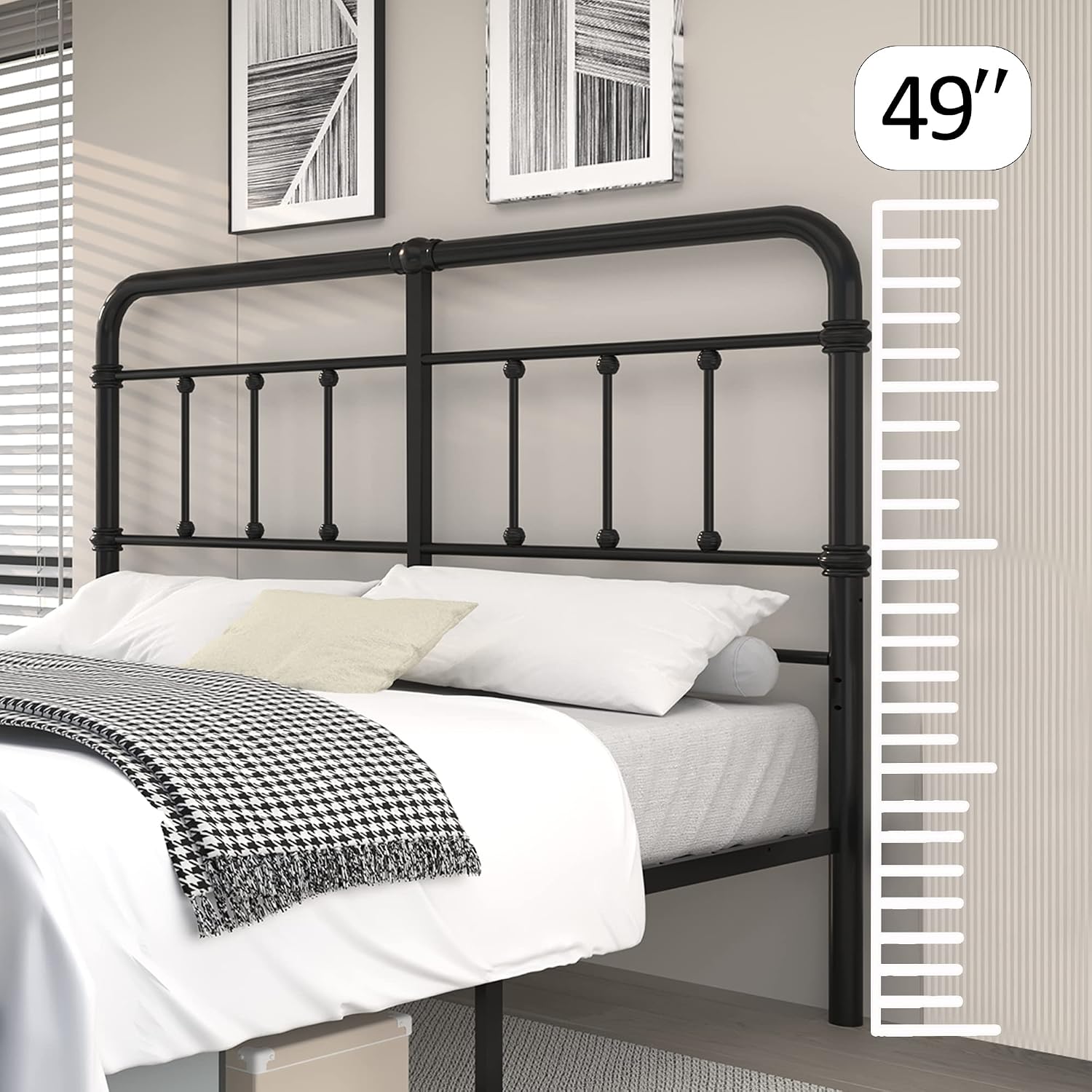 King-Size-Bed-Frame and headboard Giselle-Vintage Antique-Metal - Iron Platform Mattress Foundation,49 inch High,No Box Spring Needed(Black)