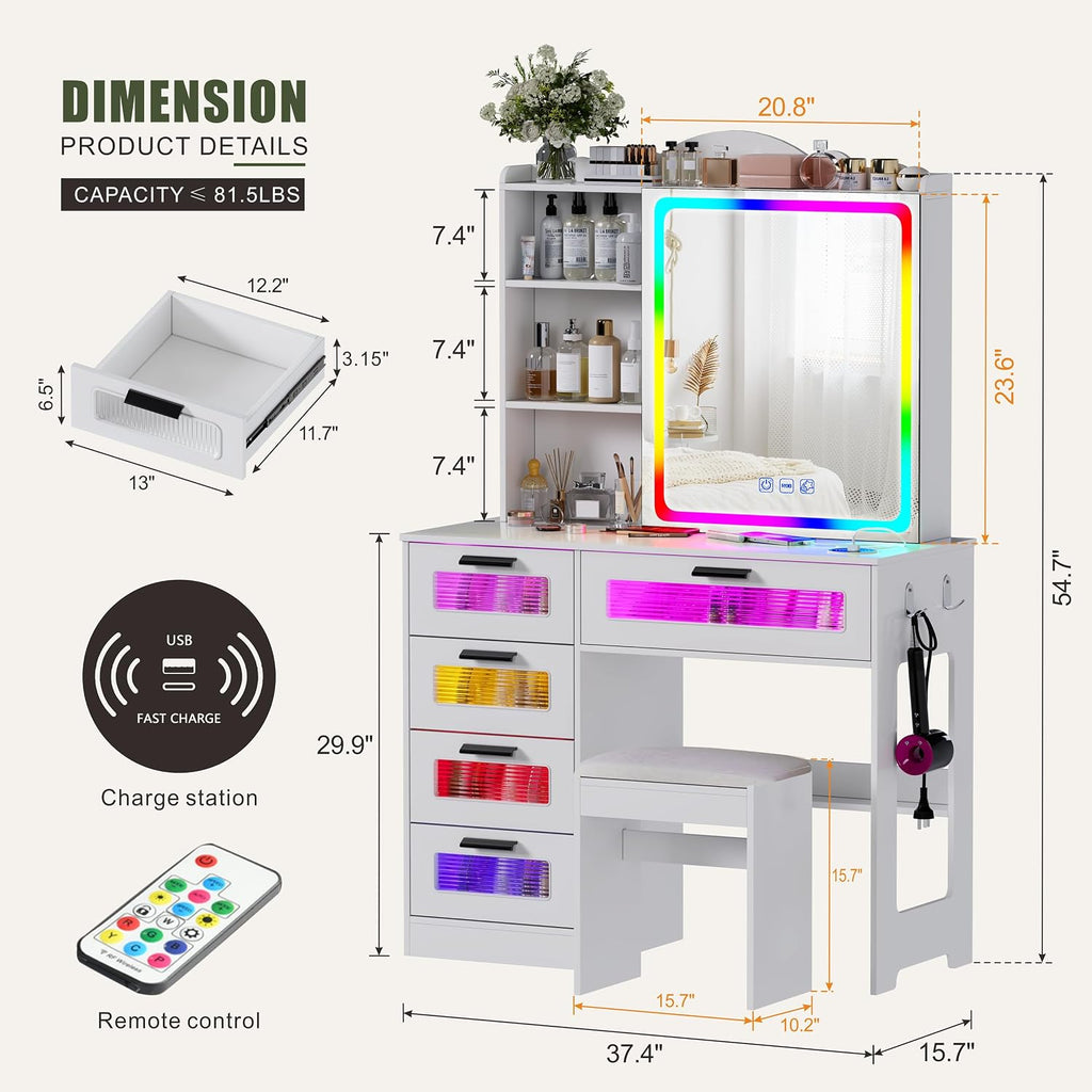 Vanity Desk with Mirror and Adjustable RGB Lights,Large 6 Drawers Makeup Table with Charging Station for Women and Girls, Bedroom or Dorm, White
