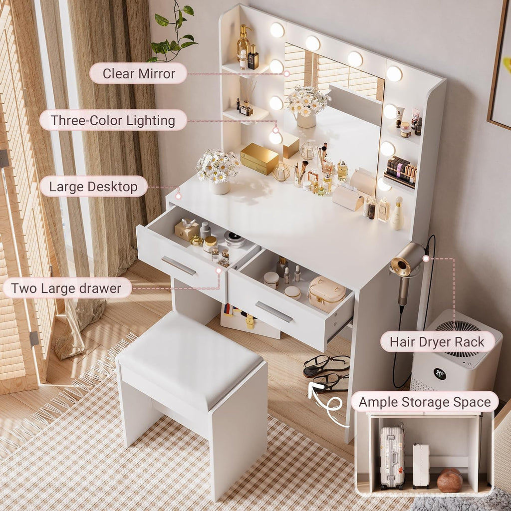 JUMMICO Makeup Vanity Desk with Mirror and Lights Power Outlet, Vanity Table Makeup Desk 2 Drawers, 6 Storage Shelves Hairdryer Holder & Bench Dressing Table for Bedroom (White, with Bench)