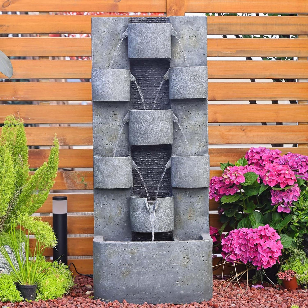 Bumilgar 44.8' H Modern Outdoor Water Fountain with LED Lights and Pump, Mutiply-Tier Standing Cascading Waterfall - Modern Design for Garden,Patio,Yard, Multi-Level Outdoor Decor (Gray)