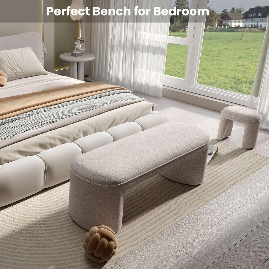 53' Upholstered End of Bed Bench with 2 Nesting Ottoman Stools, Modern Chenille Bedroom Bench for King/Queen Bed, Arched Vanity Entryway Bench Seat for Living Room, Oatmeal