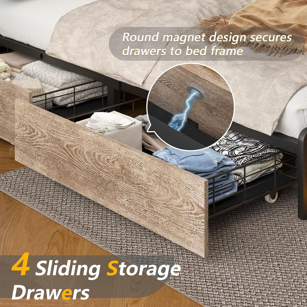 CSZZD King Size Bed Frame and Bookcase Headboard & Storage Drawers, LED Upholstered Platform Bed Frame King Size with USB Charging Station, No Box Spring Needed, Easy Assembly, Oak Gray