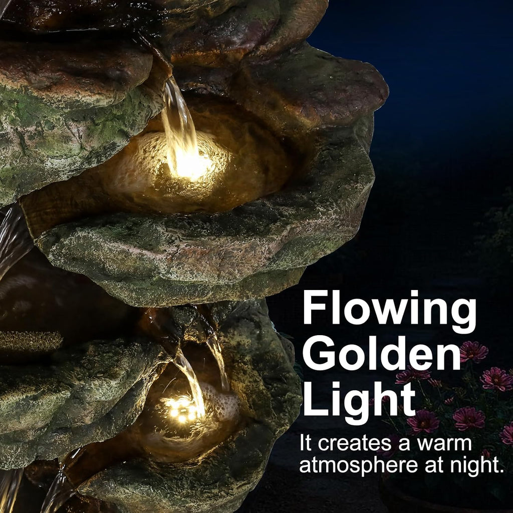 Naturefalls 59inches Outdoor Rock Water Fountain with LED Lights - Multi-Tiers Poly-Resin Cascading Waterfall Fountain for Garden, Patio, Yard, Home Decor