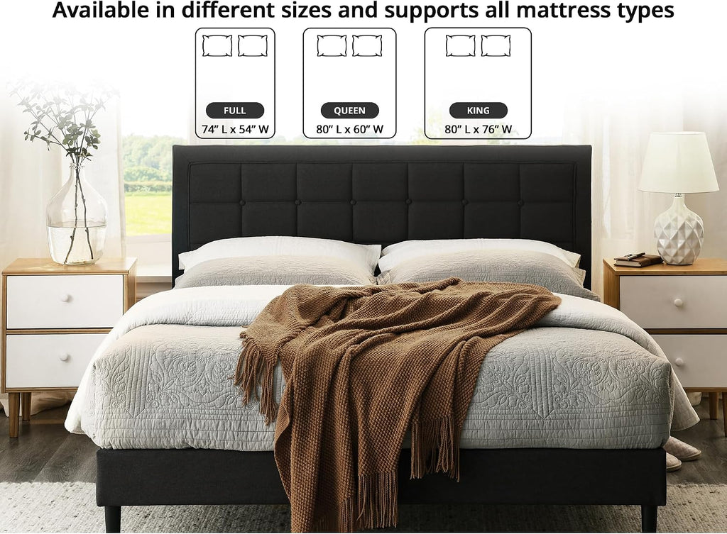 Decoro Mornington Upholstered 2.0 Platform Bed, Button-Tufted Fabric Headboard and Metal Frame with Wood Slat Support, Dark Grey, King