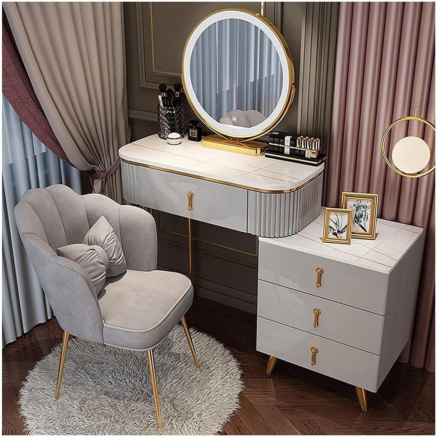 Rieort Vanity Table Led Vanity Mirror Makeup Vanity Set with Cushioned Stool Vanity Benches Stainless Steel Legs Dressing Table