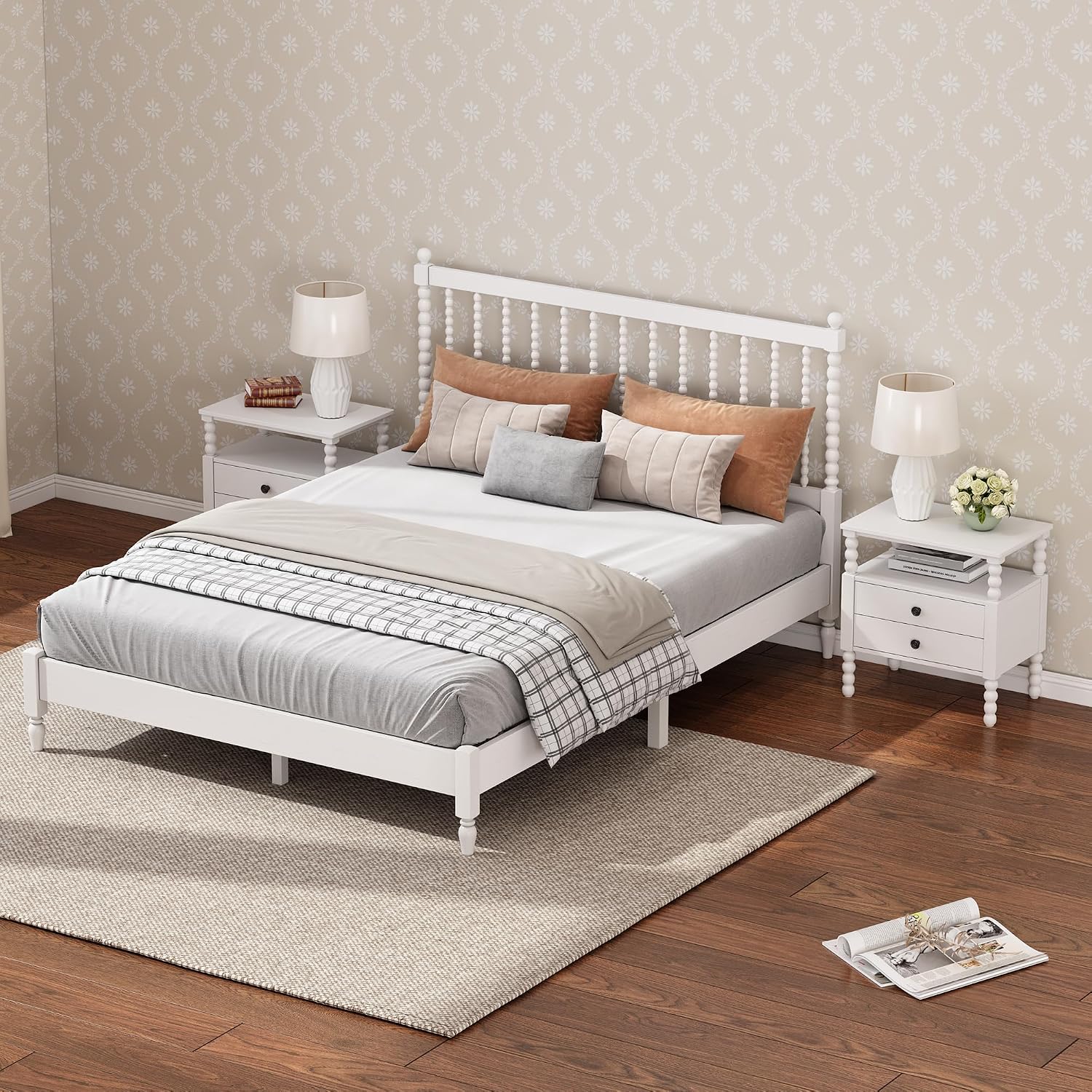 3 s Bedroom Sets King Size Wood Platform Bed with Gourd Shaped Headboard, Antique White