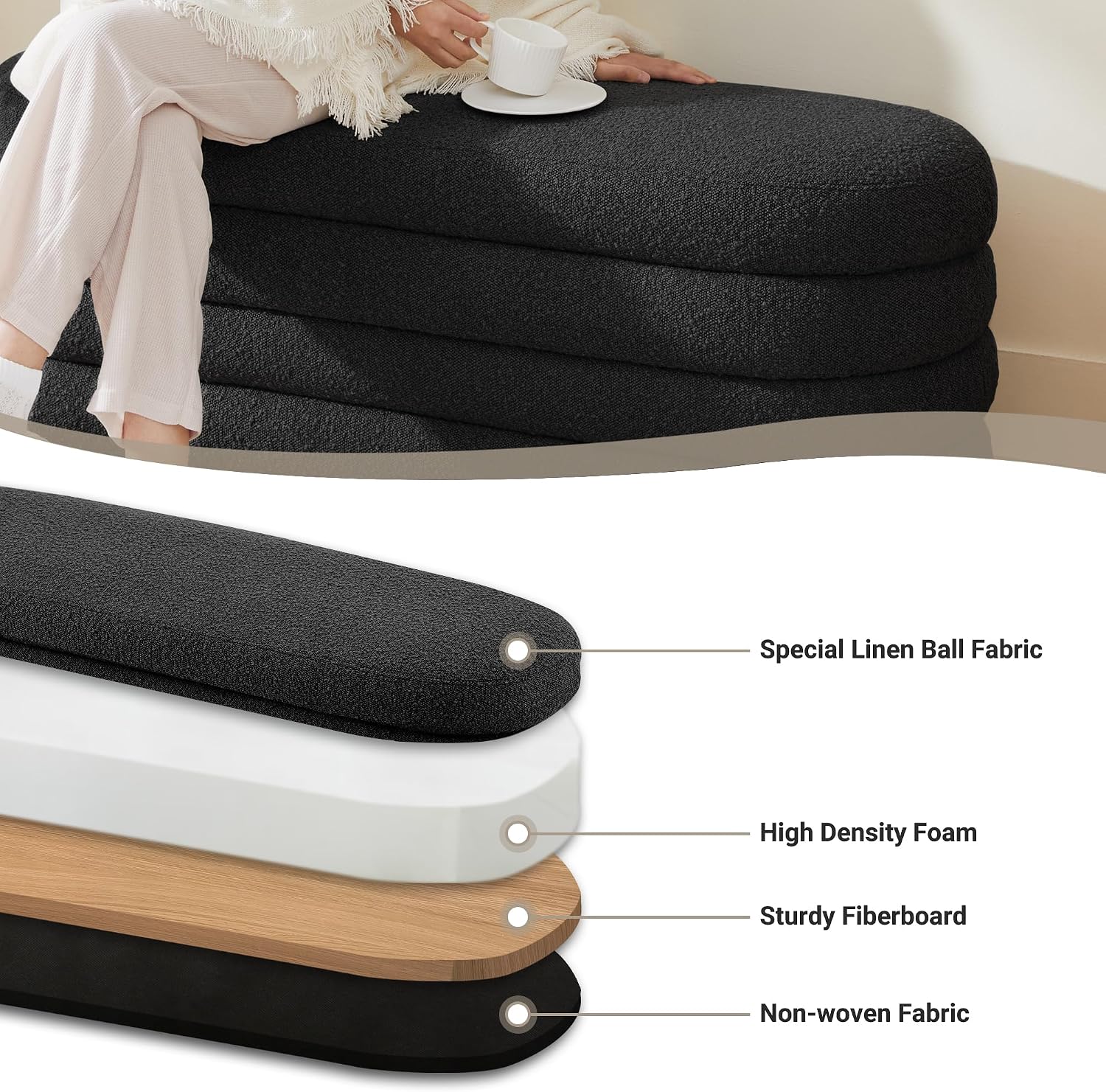 Busaurus Storage Ottoman Bench 49.2 Inch Upholstered Fabric Storage Bench for Bedroom End of Bed Aesthetic Large Oval Ottoman for Living Room Entryway (Black)
