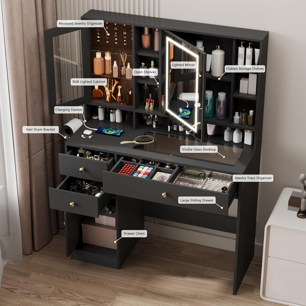 Wodeer Makeup Vanity Desk with Mirror and Lights, Black Vanity with Glass Top, Jewelry Storage, Power Outlets, 3 Drawers & 2 Cabinets, Adjustable LED Lighting, Dressing Table for Women & Girls Bedroom