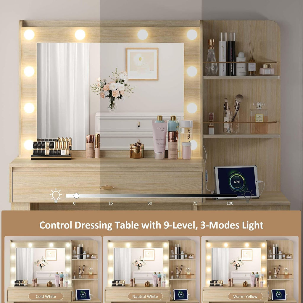 Makeup Vanity Desk with 3 Colors Lights and Mirror, Vanity Table with 10 LED Bulbs & Power Outlet, Large Dressing Table with 6 Storage Shelvess, 4 Drawer for Bedroom, Women and Girls, Oak