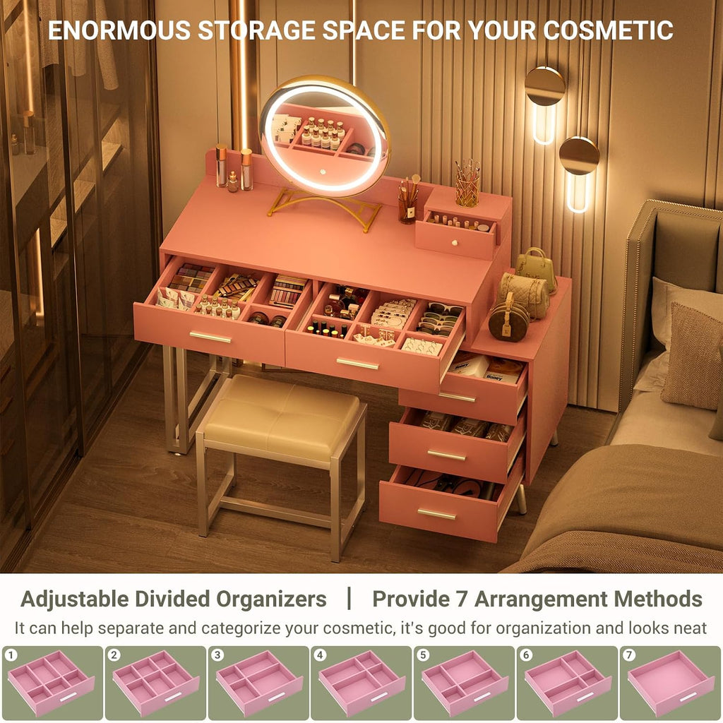 Armocity Pink Vanity Desk with Mirror and Lights, Modern Makeup Vanity Table Set with 6 Storage Drawers and Cushioned Stool for Bedroom, Dressing Table with Divided Organizers for Women Girls, Pink