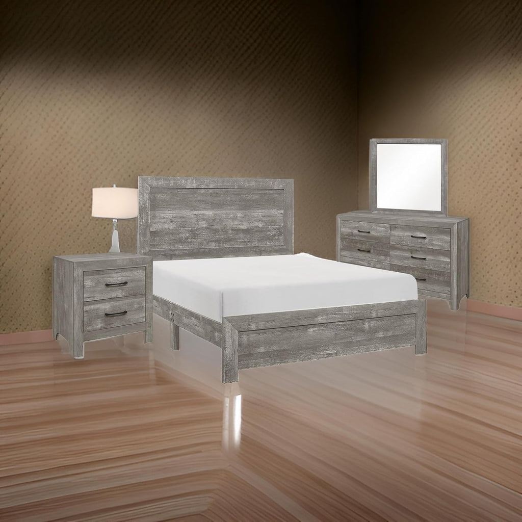 Benzara Ko Four Piece King Size Bedroom Set- Panel Detailing- Metal Handles