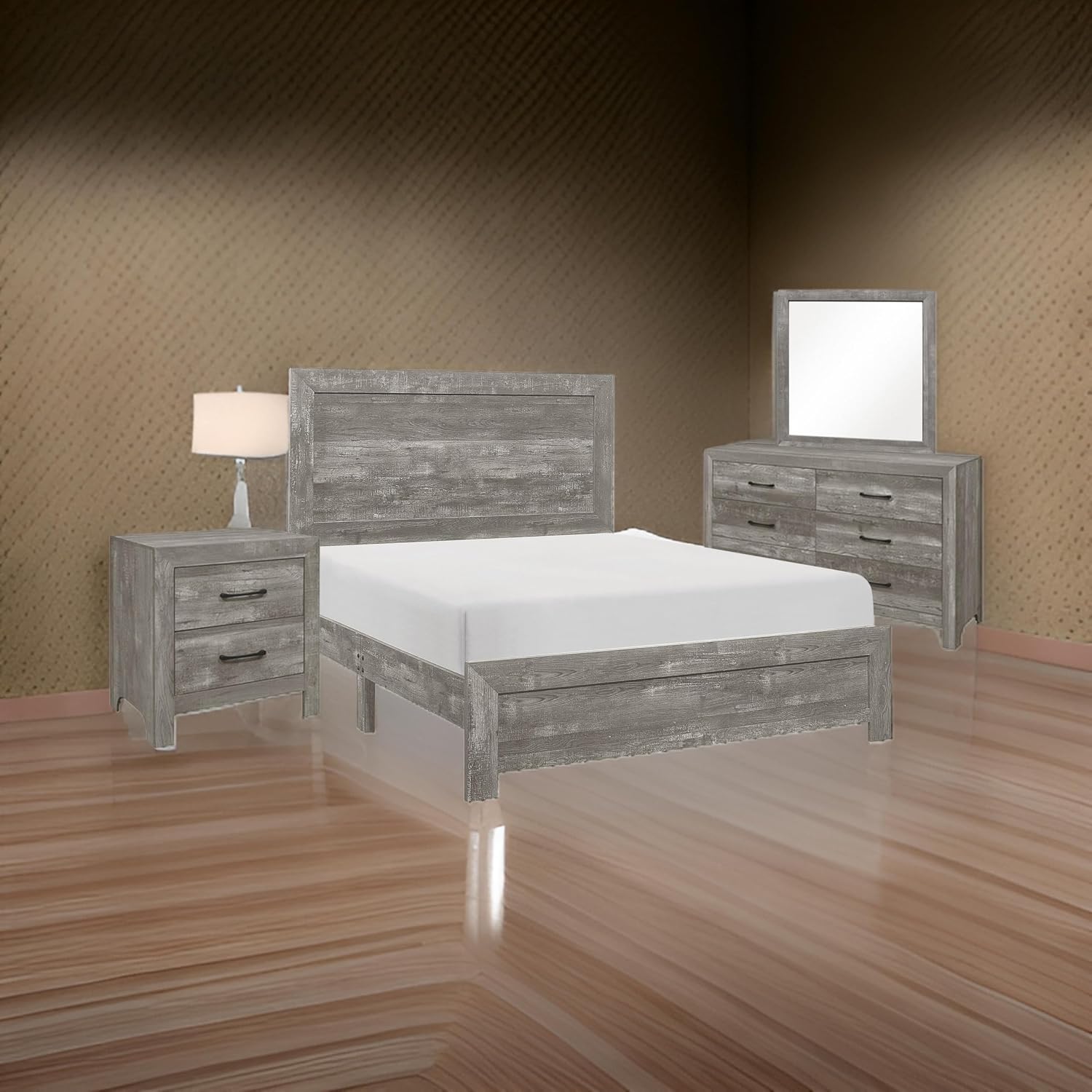 Benzara Ko Four Piece King Size Bedroom Set- Panel Detailing- Metal Handles