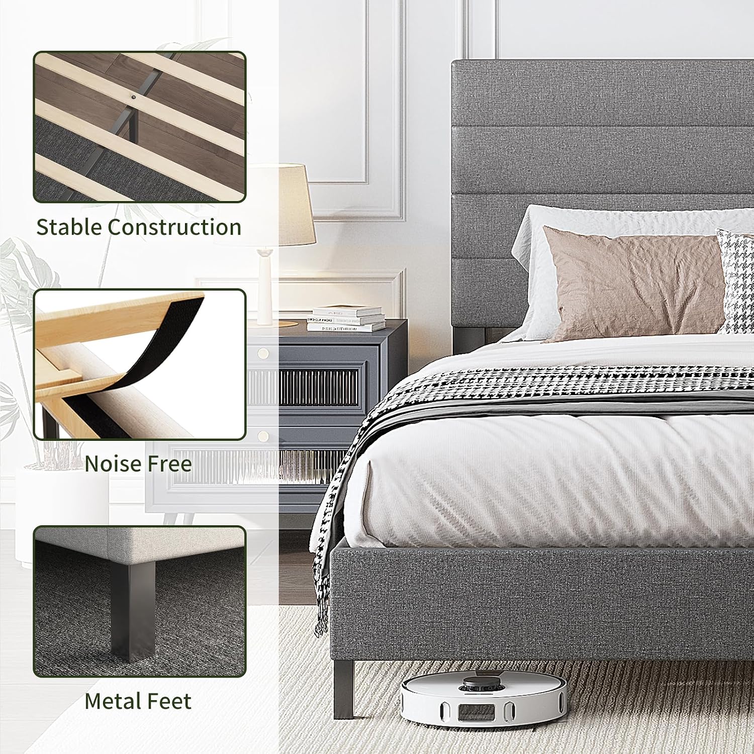 Furnihome Queen Bed Frame, Modern Upholstered Bed Frame with Adjustable Linen Headboard, Wooden Slats Support Platform Queen Size Bed Frames, No Box Spring Needed,Easy Assembly,Dark Grey