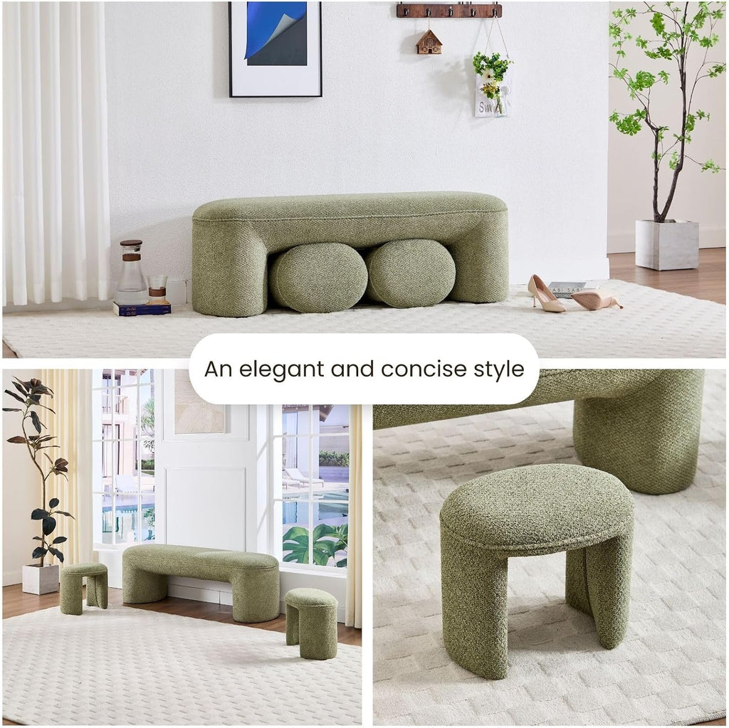 3-Piece Nesting Ottoman Bench Set，53' Long Upholstered End of Bed Bench with 2 15' Foot Stools Chenille Modern Arched Bench Comfy Entry Bench Vanity Stools for Living Room Bedroom, Green