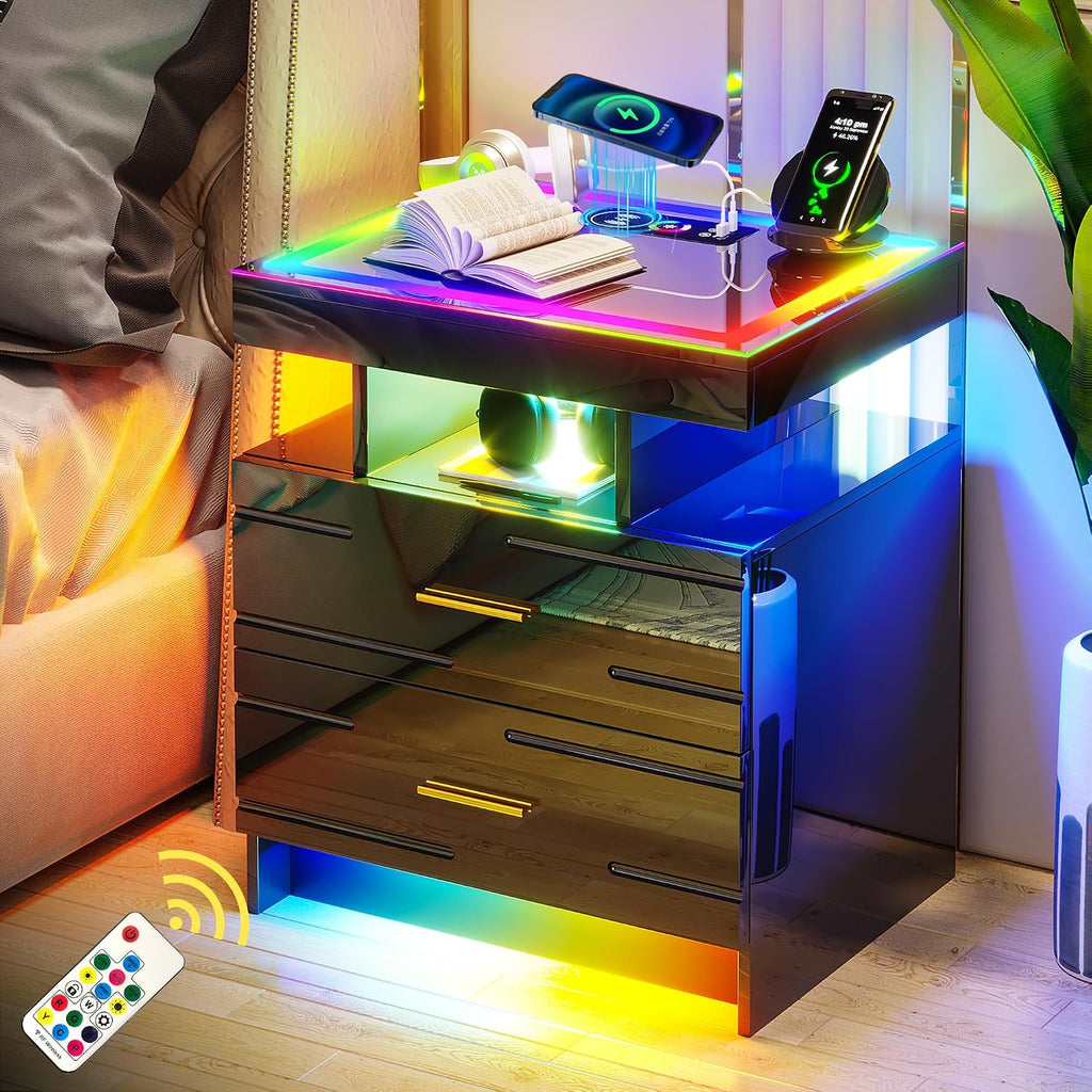 WOOVIVS Nightstand with 24 Colorful Lighst, LED Night Stand with Wireless+USB+Type-C Charging Station, Smart Bedside Table with 2 Drawer,Remote,High Gloss Side Table for Bedroom -Black