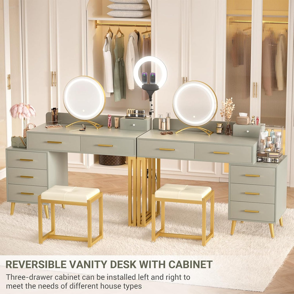 Armocity Vanity Desk with Mirror and Lights, Modern Makeup Vanity Table Set with 6 Storage Drawers and Cushioned Stool for Bedroom, Dressing Table with Divided Organizers for Women Girls, Cyan