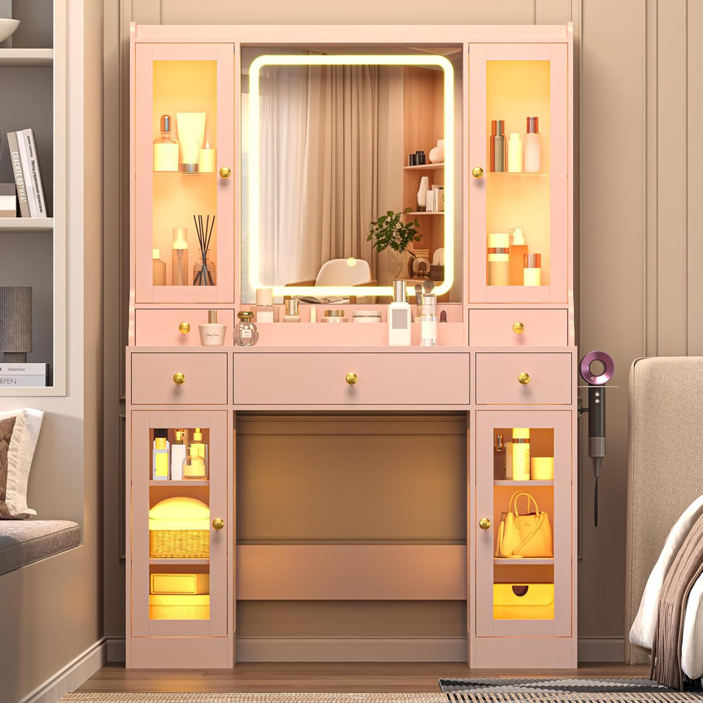 Wodeer Makeup Vanity Desk with Mirror and Lights, 41' Pink Vanity Set with 5 Drawers & 4 Glass Cabinets, Power Outlet & Adjustable LED Lights, Dressing Table for Women & Girls Bedroom