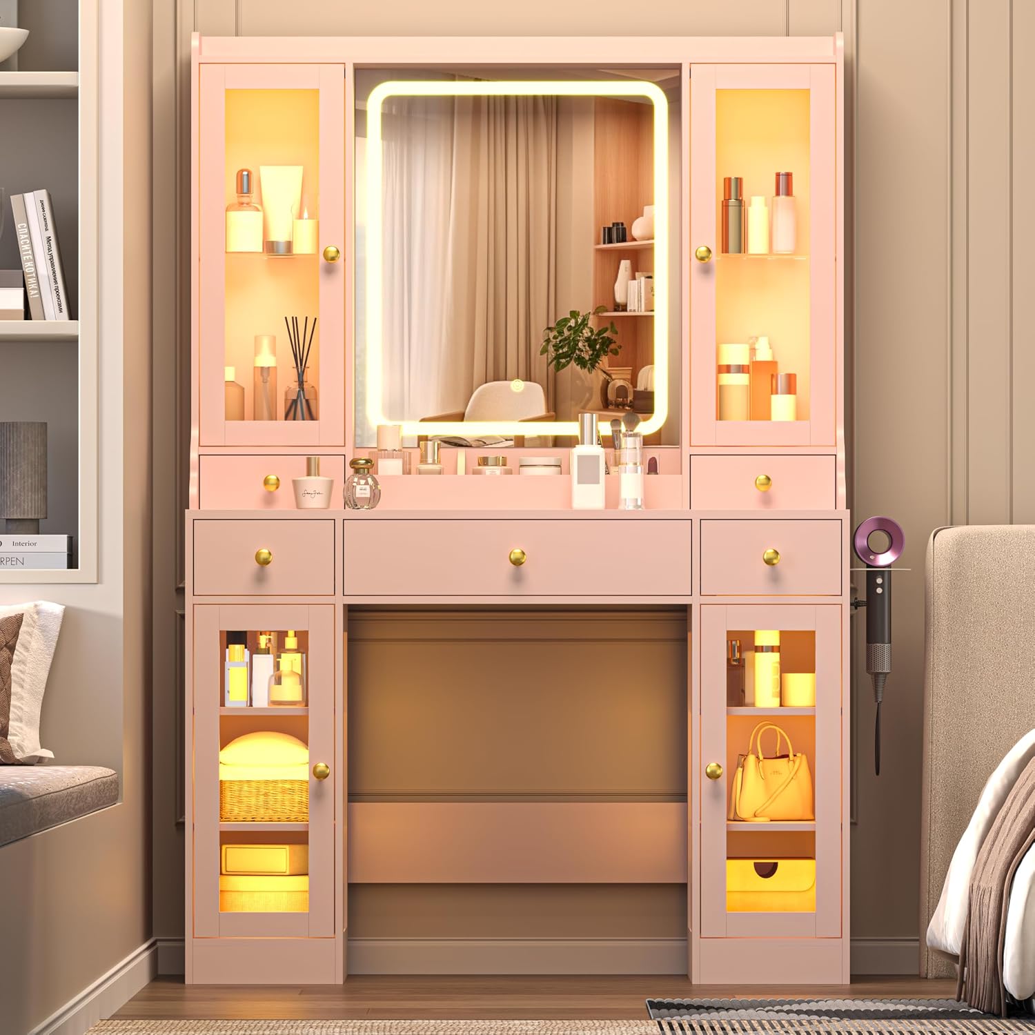 Wodeer Makeup Vanity Desk with Mirror and Lights, 41' Pink Vanity Set with 5 Drawers & 4 Glass Cabinets, Power Outlet & Adjustable LED Lights, Dressing Table for Women & Girls Bedroom