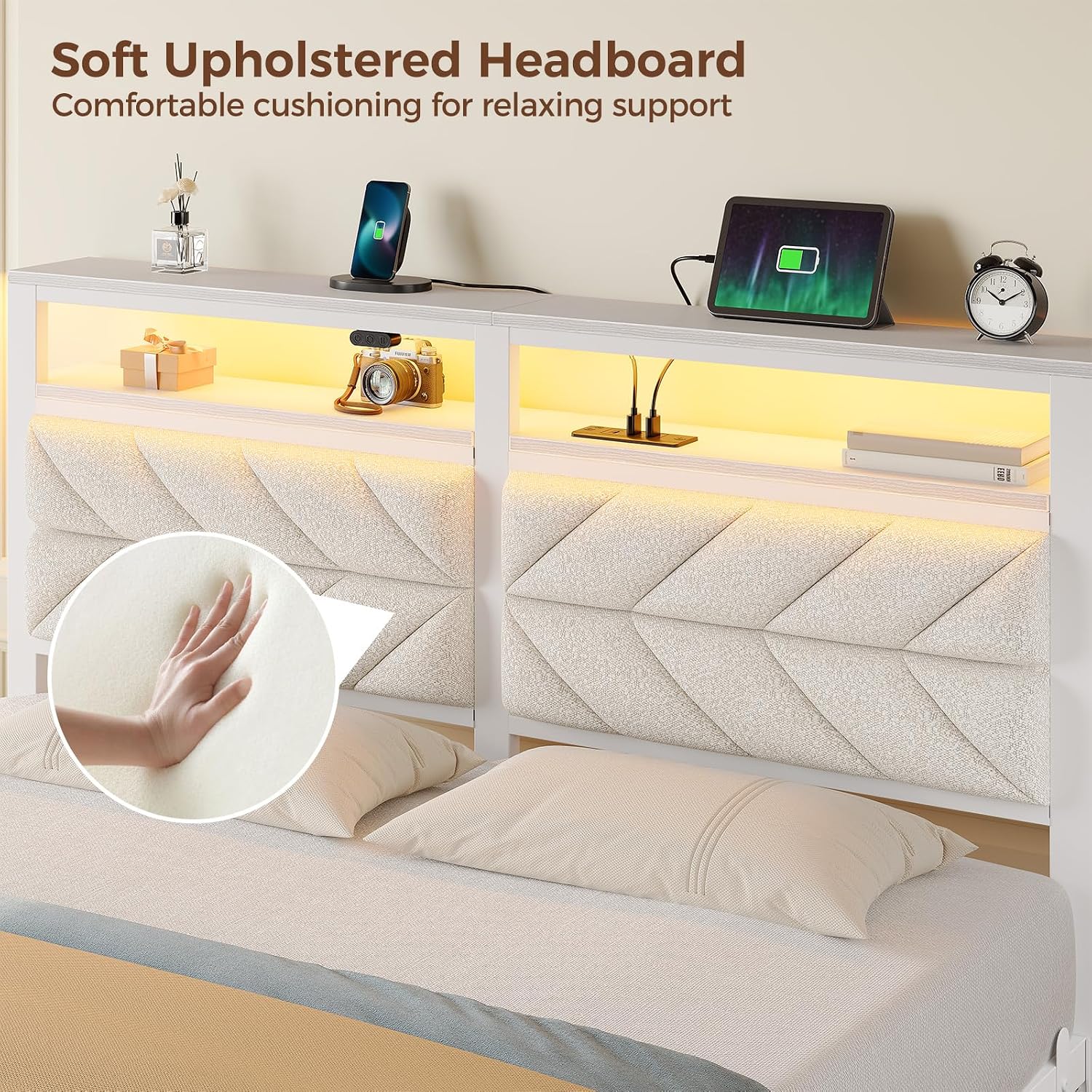 Seventable Bed Frame Full Size with Charging Station, LED Bed with Upholstered Storage Headboard, Metal Platform Bed with Under Bed Storage, No Box Spring Needed, Noise Free, Easy Assembly, White