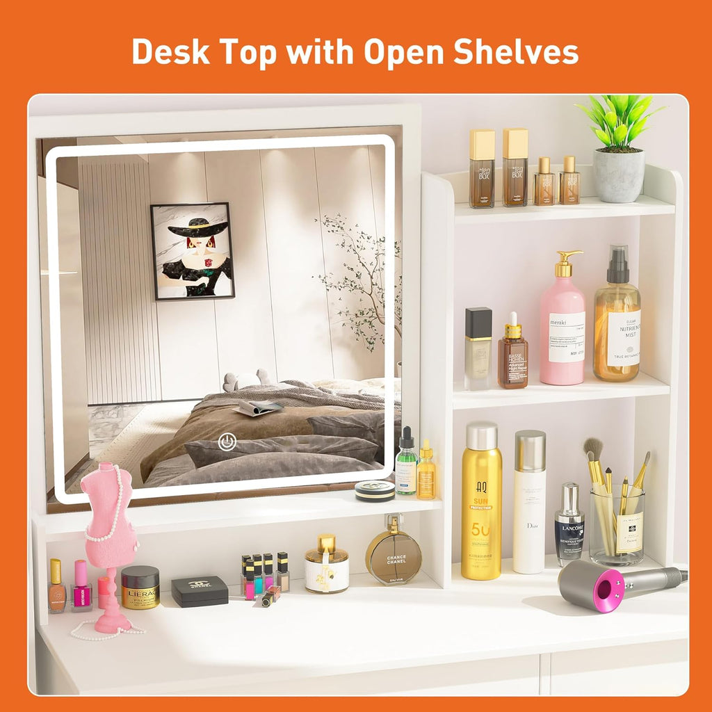 Greenvelly Makeup Vanity with Lights and 2 Mirror, White Vanity Table with 3 Lighting Modes and Stool Set, Large Dressing Table with Drawers, Vanity Desk for Women and Girl
