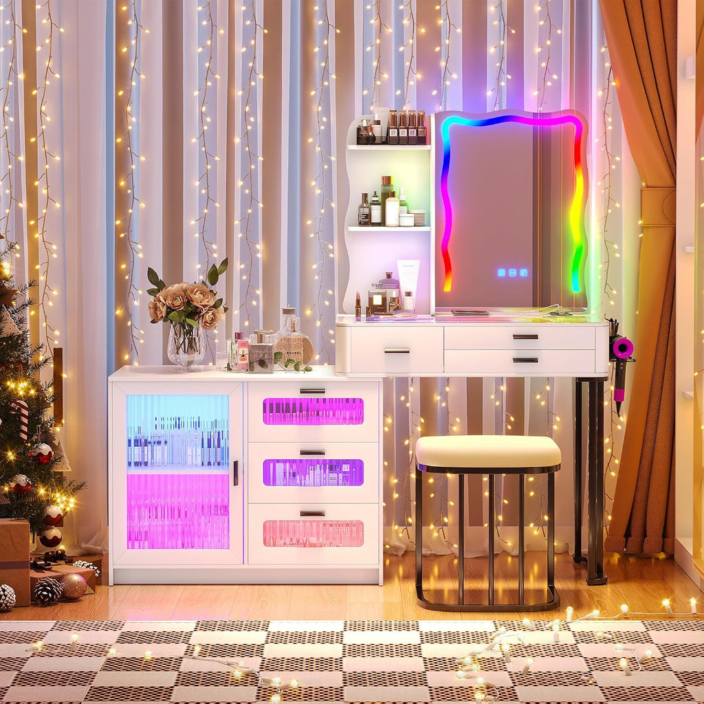 RGB Makeup Vanity Desk with Wireless Charging Station,Vanity Mirror with Lights Desk and Chair,8 Drawers,Stool,7 Dynamic and 7 Static Dimmable Vanity Table with Glass Desktop