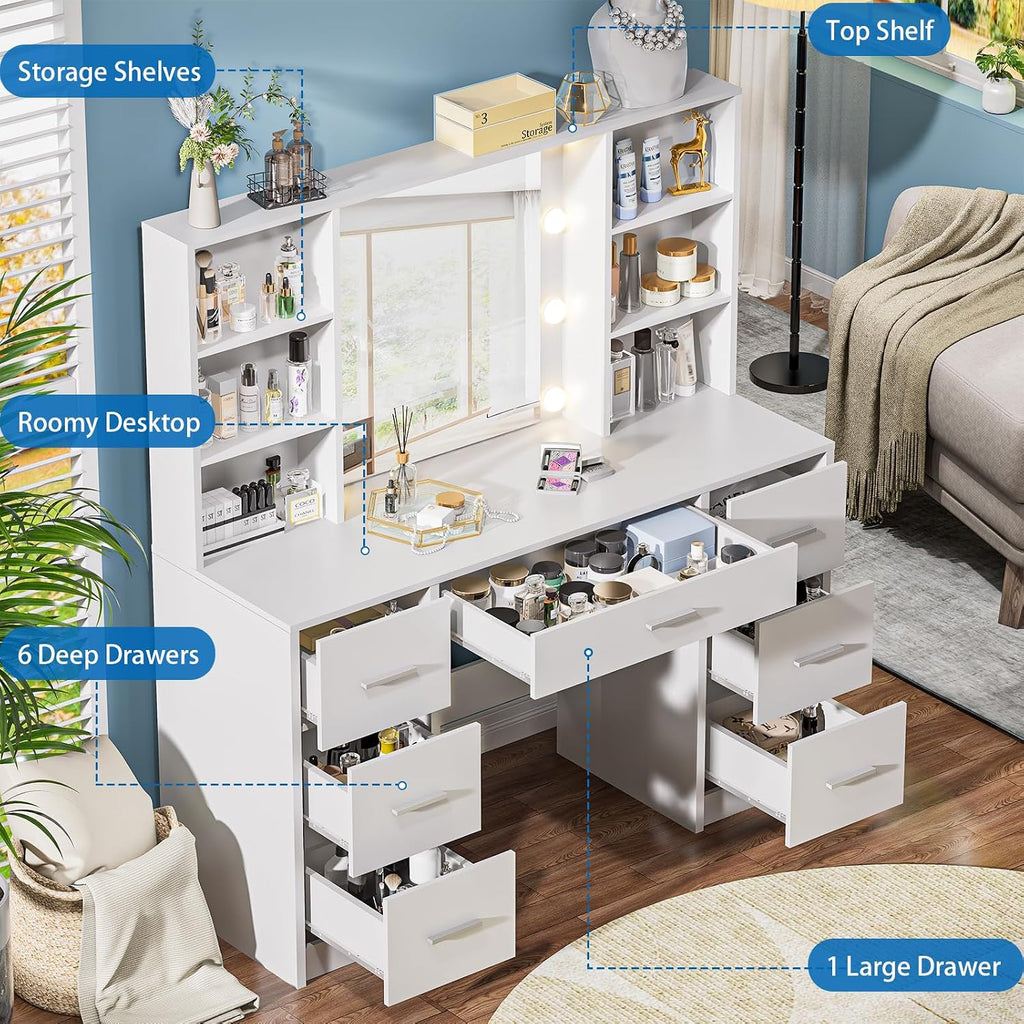Vanity Desk with Lighted Mirror & Power Outlet, Makeup Vanity with 7 Drawers and 6 Storage Shelves, Bedroom Dressing Table with 3 Lighting Modes & Brightness Adjustable for Girls, Women, White